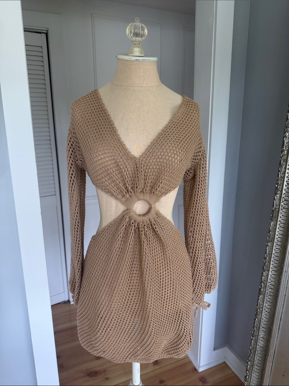 Tan Crochet Ring-Front Swim Coverup